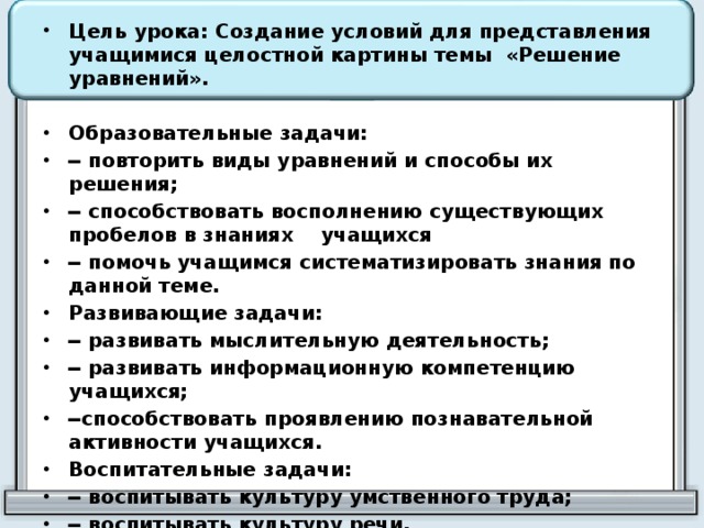 Цель урока: Создание условий для представления учащимися целостной картины темы  «Решение уравнений».  Образовательные задачи: ━  повторить виды уравнений и способы их решения; ━  способствовать восполнению существующих пробелов в знаниях    учащихся ━  помочь учащимся систематизировать знания по данной теме. Развивающие задачи: ━  развивать мыслительную деятельность; ━  развивать информационную компетенцию учащихся; ━ способствовать проявлению познавательной активности учащихся. Воспитательные задачи: ━  воспитывать культуру умственного труда; ━  воспитывать культуру речи.  