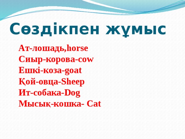 Сөздікпен жұмыс Ат-лошадь,horse Сиыр-корова-cow Ешкі-коза-goat Қой-овца-Sheep Ит-собака-Dog Мысық-кошка- Cat