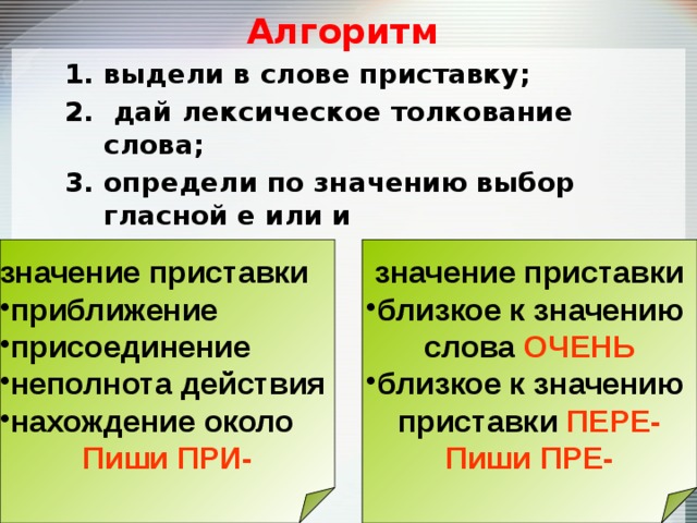 Смысл выделенного слова. Лексическое значение приставки. Алгоритм выделять приставок в словах. Выделить приставку в слове. Лексическое значение приставки - подобрать.