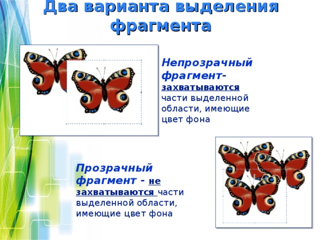 Два варианта выделения фрагмента Непрозрачный фрагмент - захватываются части выделенной области, имеющие цвет фона Прозрачный фрагмент - не захватываются части выделенной области, имеющие цвет фона 