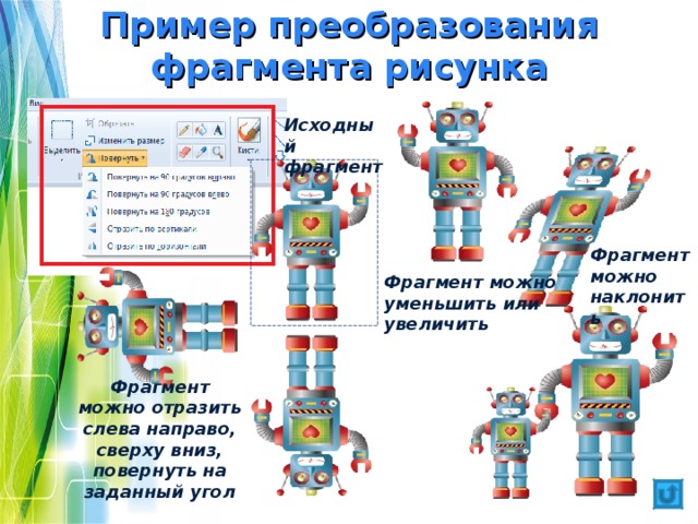 Пример преобразования фрагмента рисунка Исходный фрагмент Фрагмент можно наклонить Фрагмент можно уменьшить или увеличить Фрагмент можно отразить слева направо, сверху вниз, повернуть на заданный угол 