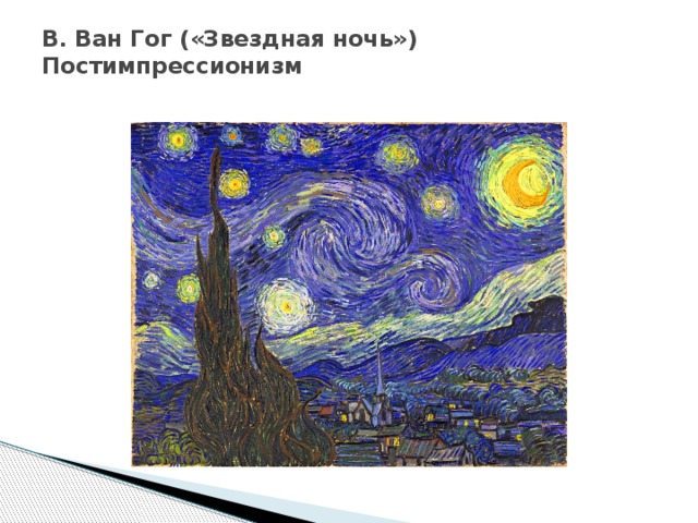 В. Ван Гог («Звездная ночь»)  Постимпрессионизм   