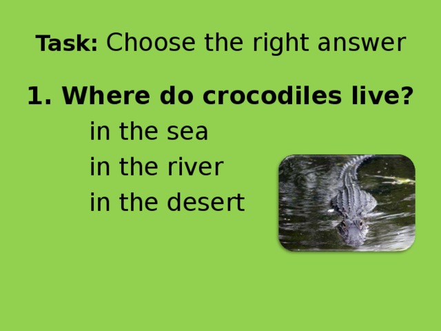 Task :  Choose the right answer 1. Where do crocodiles live?   in the sea   in the river   in the desert 