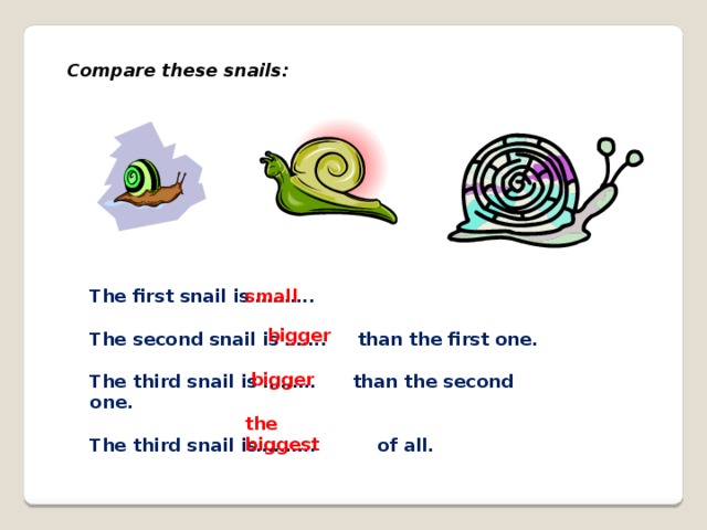 Compare these snails: The first snail is ………. small The second snail is ……. than the first one. The third snail is ……… than the second one. The third snail is………. of all. bigger bigger the biggest