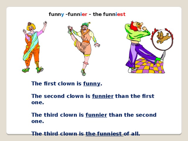 funn y –funn i er – the funn i est The first clown is funny . The second clown is funnier than the first one. The third clown is funnier than the second one. The third clown is the funniest of all.