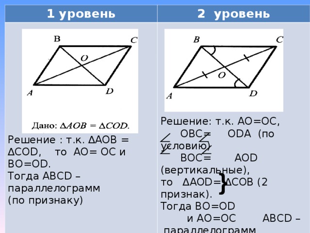 1 уровень 2 уровень Решение : т.к. ∆ AO В = ∆СО D , то АО= ОС и ВО=О D . Тогда АВС D – параллелограмм (по признаку) Решение: т.к. АО=ОС,  ОВС= О D А (по условию)  ВОС= АО D (вертикальные), то ∆ AOD = ∆СОВ (2 признак). Тогда ВО=О D   и АО=ОС АВС D – параллелограмм }