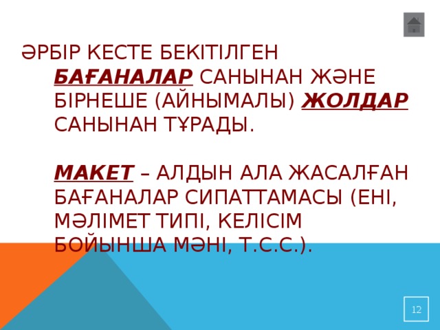 Әрбір кесте бекітілген бағаналар санынан және бірнеше (айнымалы) жолдар санынан тұрады.   Макет – алдын ала жасалған бағаналар сипаттамасы (ені, мәлімет типі, келісім бойынша мәні, т.с.с.).  