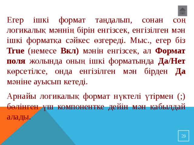 Егер ішкі формат таңдалып, сонан соң логикалық мәннің бірін енгізсек, енгізілген мән ішкі форматқа сәйкес өзгереді. Мыс., егер біз True (немесе Вкл) мәнін енгізсек, ал Формат поля жолында оның ішкі форматында Да/Нет көрсетілсе, онда енгізілген мән бірден Да мәніне ауысып кетеді. Арнайы логикалық формат нүктелі үтірмен (;) бөлінген үш компонентке дейін мән қабылдай алады. 23 