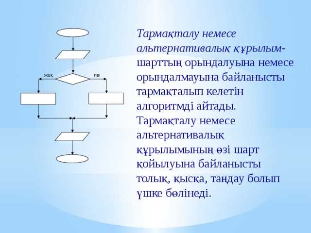 Тармақталу немесе альтернативалық құрылым -шарттың орындалуына немесе орындалмауына байланысты тармақталып келетін алгоритмді айтады. Тармақталу немесе альтернативалық құрылымының өзі шарт қойылуына байланысты толық, қысқа, таңдау болып үшке бөлінеді. иә жоқ 