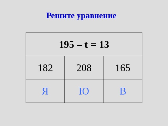 Решите уравнение 195 – t = 13 182 208 Я Ю 165 В 