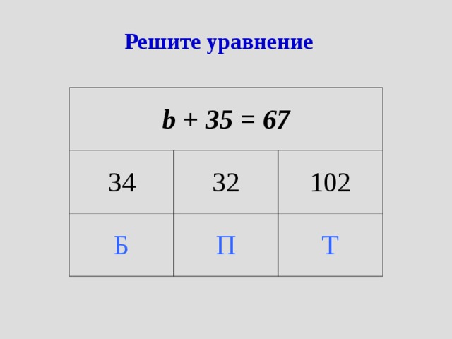 Решите уравнение b + 35 = 67 34 32 Б П 102 Т 