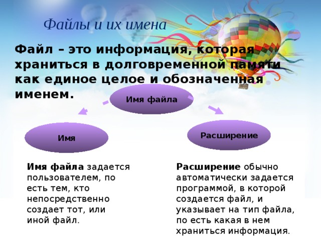 Файлы и их имена Файл – это информация, которая храниться в долговременной памяти как единое целое и обозначенная именем. Имя файла Расширение Имя Имя файла задается пользователем, по есть тем, кто непосредственно создает тот, или иной файл. Расширение обычно автоматически задается программой, в которой создается файл, и указывает на тип файла, по есть какая в нем храниться информация. 