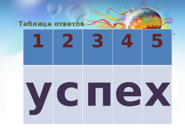 Таблица ответов   1 2 у 3 с 4 п 5 е х 
