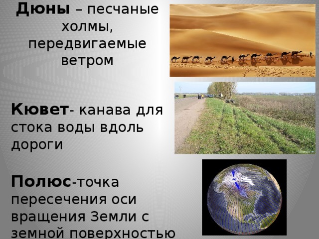   Дюны – песчаные холмы, передвигаемые ветром     Кювет - канава для стока воды вдоль дороги Полюс -точка пересечения оси вращения Земли с земной поверхностью 