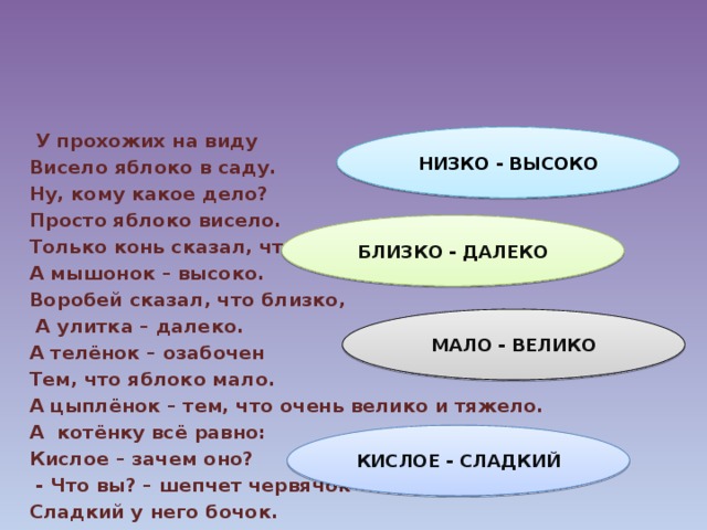      У прохожих на виду Висело яблоко в саду. Ну, кому какое дело? Просто яблоко висело. Только конь сказал, что низко, А мышонок – высоко. Воробей сказал, что близко,  А улитка – далеко. А телёнок – озабочен Тем, что яблоко мало. А цыплёнок – тем, что очень велико и тяжело. А котёнку всё равно: Кислое – зачем оно?  - Что вы? – шепчет червячок Сладкий у него бочок. НИЗКО - ВЫСОКО БЛИЗКО - ДАЛЕКО МАЛО - ВЕЛИКО КИСЛОЕ - СЛАДКИЙ 