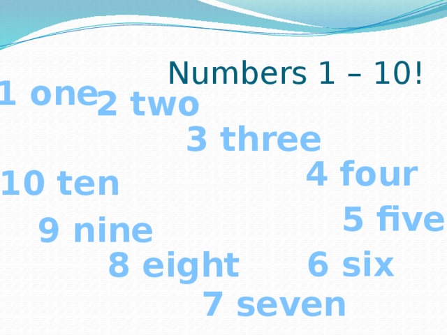 Numbers 1 – 10! 1 one 2 two 3 three 4 four 10 ten 5 five 9 nine 6 six 8 eight 7 seven 