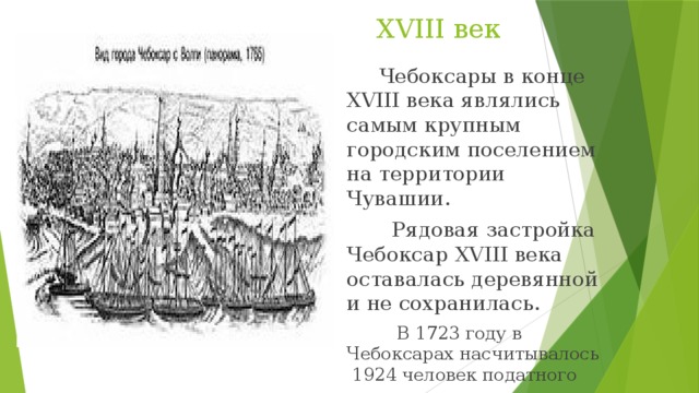 XVIII век  Чебоксары в конце XVIII века являлись самым крупным городским поселением на территории Чувашии.  Рядовая застройка Чебоксар XVIII века оставалась деревянной и не сохранилась.  В 1723 году в Чебоксарах насчитывалось 1924 человек податного населения.