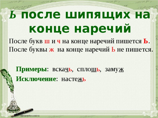 Заканчиваться мягко. Ь после шипящих на конце гар5чий. Ь после шипящих на конце наречий. Буква ь на конце наречий после шипящих. На конце наречий после шипящего буква ь пишется..