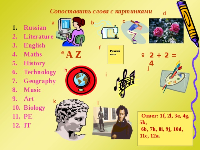 Сопоставить слова с картинками d Russian Literature English Maths History Technology Geography Music Art Biology PE IT  c b a f A Z Русский язык e 2 + 2 = 4 g j h i k l  Ответ: 1 f, 2l, 3e, 4g, 5k,  6b, 7h, 8i, 9j, 10d, 11c, 12a.  