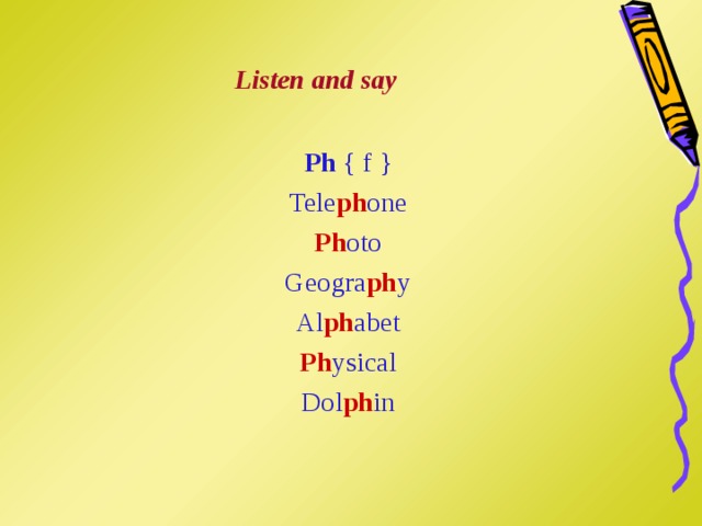 Listen and say Ph { f } Tele ph one Ph oto Geogra ph y Al ph abet Ph ysical Dol ph in 