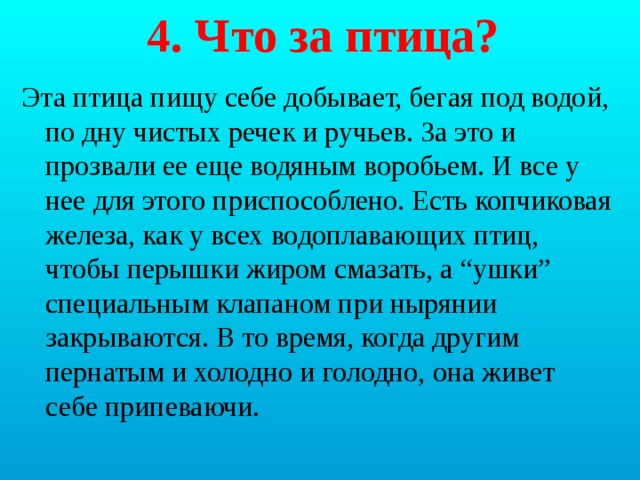 4. Что за птица? Эта птица пищу себе добывает, бегая под водой, по дну чистых речек и ручьев. За это и прозвали ее еще водяным воробьем. И все у нее для этого приспособлено. Есть копчиковая железа, как у всех водоплавающих птиц, чтобы перышки жиром смазать, а “ушки” специальным клапаном при нырянии закрываются. В то время, когда другим пернатым и холодно и голодно, она живет себе припеваючи. 