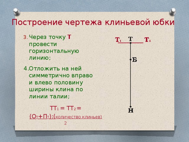 Построение чертежа клиньевой юбки Через точку Т провести горизонтальную линию; Отложить на ней симметрично вправо и влево половину ширины клина по линии талии; ТТ 1 = ТТ 2 = (О Т +П Т ):( количество клиньев) 2 