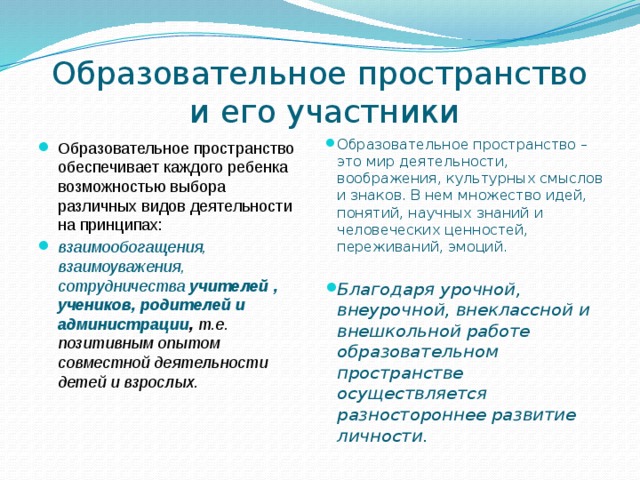 Образовательное пространство  и его участники Образовательное пространство обеспечивает каждого ребенка возможностью выбора различных видов деятельности на принципах: взаимообогащения, взаимоуважения, сотрудничества учителей , учеников, родителей и администрации , т.е. позитивным опытом совместной деятельности детей и взрослых. Образовательное пространство – это мир деятельности, воображения, культурных смыслов и знаков. В нем множество идей, понятий, научных знаний и человеческих ценностей, переживаний, эмоций. Благодаря урочной, внеурочной, внеклассной и внешкольной работе образовательном пространстве осуществляется разностороннее развитие личности.   