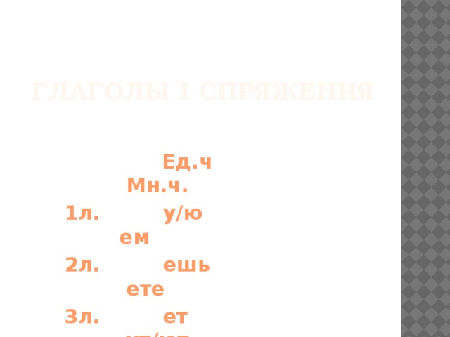 Глаголы I спряжения     Ед.ч Мн.ч.  1л. у/ю ем  2л. ешь ете  3л. ет ут/ют 