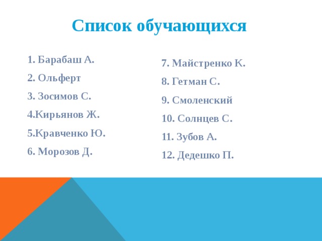  Список обучающихся    1. Барабаш А. 2. Ольферт 3. Зосимов С. 4.Кирьянов Ж. 5.Кравченко Ю. 6. Морозов Д.   7. Майстренко К. 8. Гетман С. 9. Смоленский 10. Солнцев С. 11. Зубов А. 12. Дедешко П.  