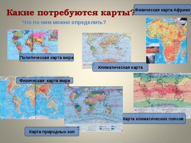 Физическая карта Африки Какие потребуются карты? Что по ним можно определить? Политическая карта мира Климатическая карта Физическая карта мира Карта климатических поясов Карта природных зон 