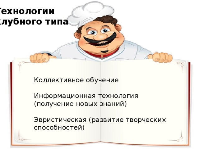 Технологии  клубного типа Коллективное обучение   Информационная технология (получение новых знаний)   Эвристическая (развитие творческих способностей)