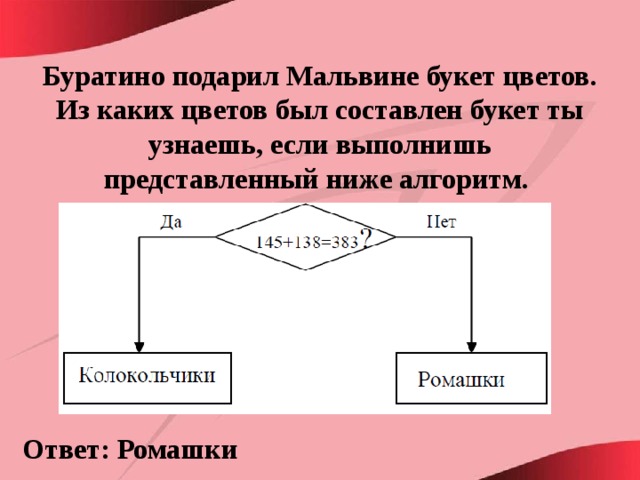 Буратино подарил Мальвине букет цветов. Из каких цветов был составлен букет ты узнаешь, если выполнишь представленный ниже алгоритм.  Ответ: Ромашки 