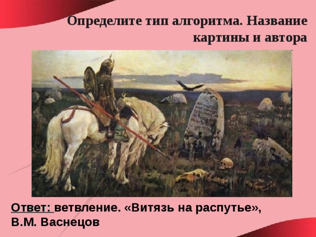 Определите тип алгоритма. Название картины и автора Ответ: ветвление. «Витязь на распутье», В.М. Васнецов 