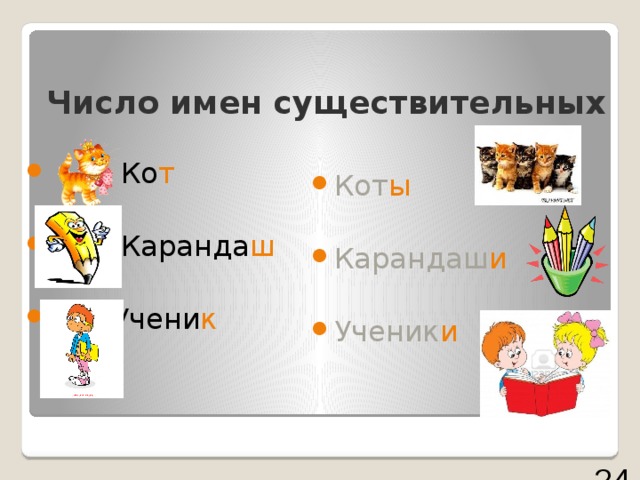 Число имен существительных  Ко т  Каранда ш  Учени к Кот ы Карандаш и Ученик и 24 