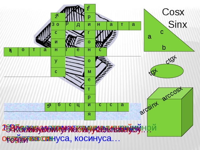 tgx ctgx arcsinx arccosx т 1 Соsx к р 2 Sinx р т а о и д 3 н а c г с a о и b н е к о т а г н с 4 о у с м е т р а с а с ц с б и 5 я 3.Синус – это … точки на единичной окружности. 2.Абсцисса точки на единичной окружности. 1.Раздел математики, изучающий свойства синуса, косинуса… 4.Отношение косинуса к синусу. 5. Косинусом угла а , называется … точки  