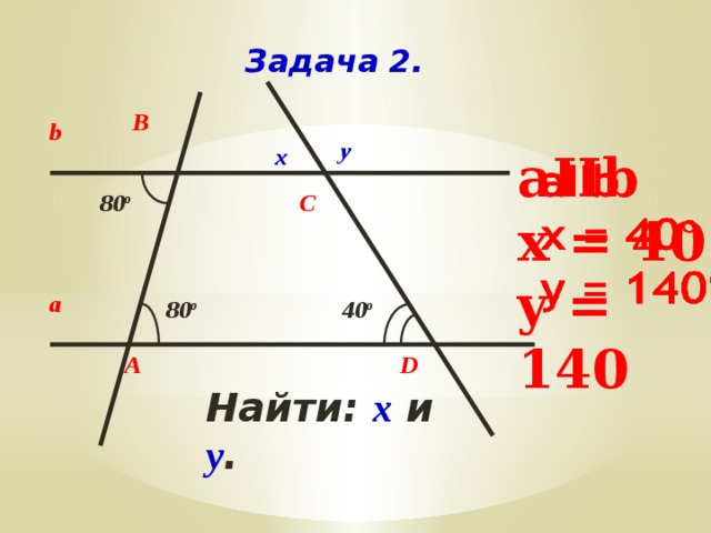Задача 2. В b у х aIIb   x = 40 y = 140  С 80 о а 80 о 40 о    D А Найти:  х и  у .