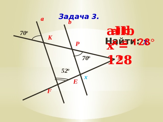 Задача 3. a b   aIIb x = 128 70 o K Найти: х .   P  70 o M 52 o x E   F