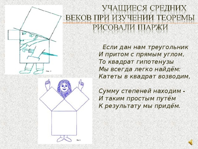   Если дан нам треугольник  И притом с прямым углом,  То квадрат гипотенузы  Мы всегда легко найдём:  Катеты в квадрат возводим,  Сумму степеней находим -  И таким простым путём  К результату мы придём. 