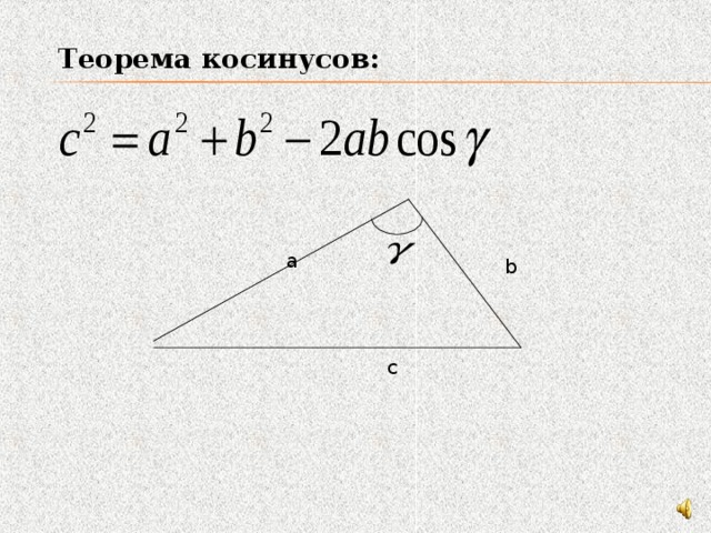  Теорема косинусов:   a b c 