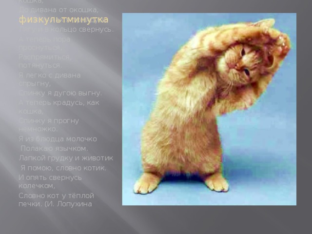 физкультминутка Физкультминутка  Кошка. Осторожно, словно кошка, До дивана от окошка, На носочках я пройдусь, Лягу и в кольцо свернусь. А теперь пора проснуться, Распрямиться, потянуться. Я легко с дивана спрыгну, Спинку я дугою выгну. А теперь крадусь, как кошка, Спинку я прогну немножко. Я из блюдца молочко  Полакаю язычком. Лапкой грудку и животик  Я помою, словно котик. И опять свернусь колечком, Словно кот у тёплой печки. (И. Лопухина 