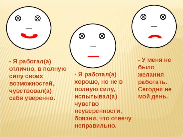 - У меня не было желания работать. Сегодня не мой день.  - Я работал(а) отлично, в полную силу своих возможностей, чувствовал(а) себя уверенно.  - Я работал(а) хорошо, но не в полную силу, испытывал(а) чувство неуверенности, боязни, что отвечу неправильно.   