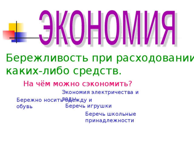 Бережливость при расходовании каких-либо средств. На чём можно сэкономить? Экономия электричества и воды Бережно носить одежду и обувь Беречь игрушки Беречь школьные принадлежности 