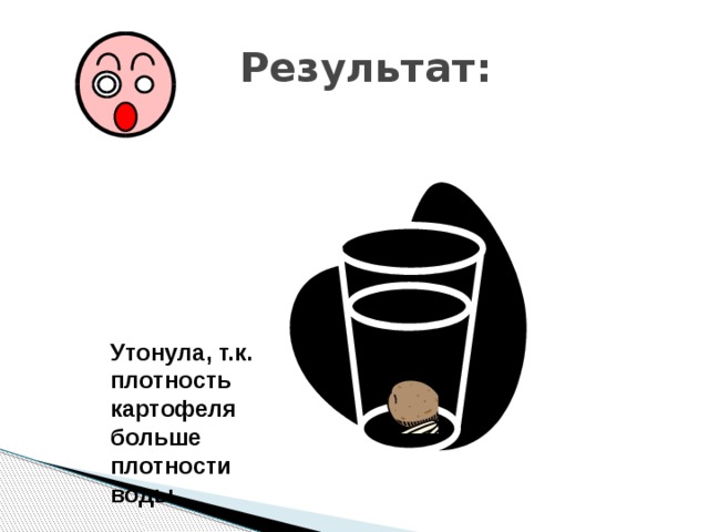  Результат: Утонула, т.к. плотность картофеля больше плотности воды. 