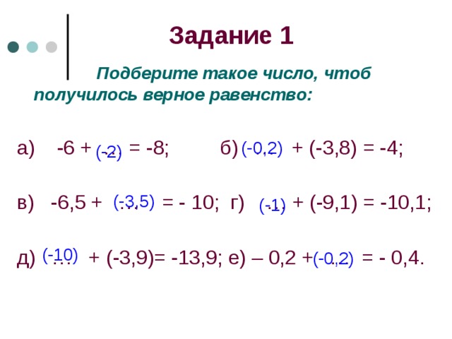 Задание 1    Подберите такое число, чтоб получилось верное равенство: а) -6 + … = -8;  б) … + (-3,8) = -4; в) -6,5 + … = - 10; г) … + (-9,1) = -10,1; д) … + (-3,9)= -13,9; е) – 0,2 + … = - 0,4. (-0,2) (-2) (-3,5) (-1) (-10) (-0,2) 