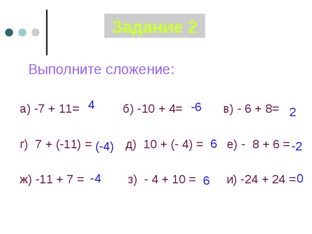 Задание 2  Выполните сложение:  а) -7 + 11= б) -10 + 4= в) - 6  +  8 =  г) 7 + (-11) = д) 10 + (- 4) = е) -  8 +  6 =  ж) -11 + 7 = з) - 4 + 10 = и) -24 + 24 = 4 -6 2 6 (-4) -2 0 -4 6 
