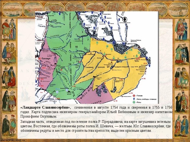 «Ландкарте Славяносербии», сочиненная в августе 1754 года и сверенная в 1755 и 1756 годах. Карта подписана инженером генерал-майором Ильей Бибиковым и инженер-капитаном Прокофием Окуловым. Западная часть, отведенная под поселение полка Р. Прерадовича, на карте затушевана зеленым цветом. Восточная, где обозначены роты полка И. Шевича, — желтым. Юг Славяносербии, где обозначены редуты и место для строительства крепости, выделен красным цветом. 
