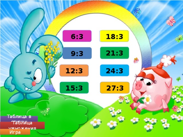 6 2 18:3 6:3 21:3 9:3 7 3 12:3 8 24:3 4 15:3 5 9 27:3 Таблица в стихах Таблица умножения Игра 