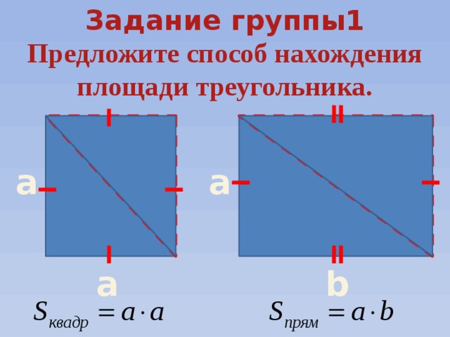 Задание группы1 Предложите способ нахождения площади треугольника. a a b a 