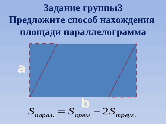 Задание группы3 Предложите способ нахождения площади параллелограмма a b 