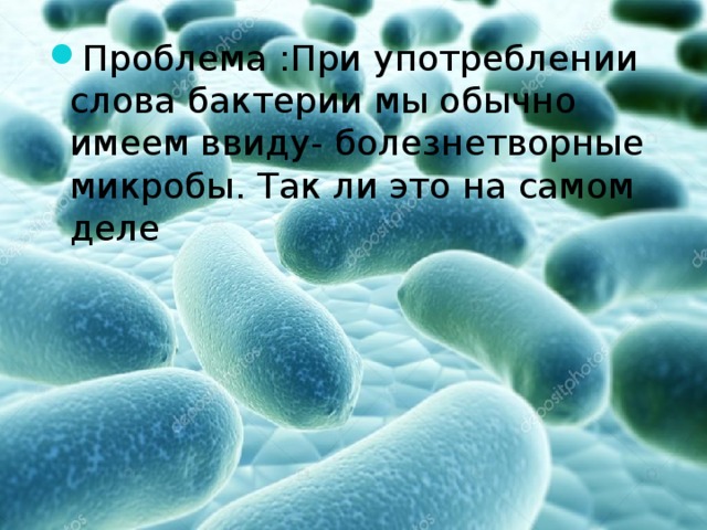 Проблема :При употреблении слова бактерии мы обычно имеем ввиду- болезнетворные микробы. Так ли это на самом деле 